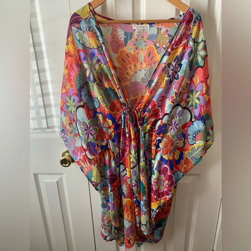 BLEU ROD BEATTY Make it Pop Multicolor Floral Chiffon Swim Coverup Dress SZ 2X - Picture 1 of 8